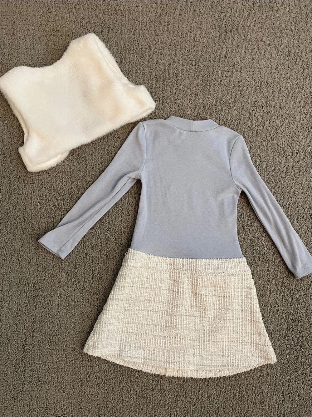 🩷 Zunie Set Light Blue Sequin Bow Long-Sleeve Cream Faux Fur Accent Vest Size 4